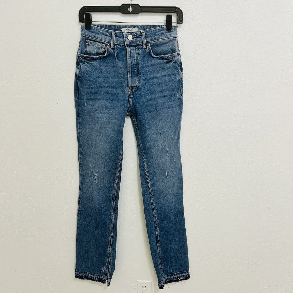 We‎ The Free Med Wash Straight Leg Jeans Size 26 High Rise Button Fly Slit Hem